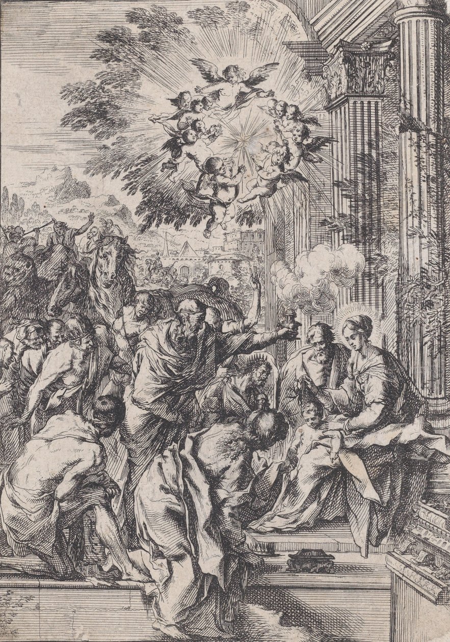 Magiernes tilbedelse, sat foran og arkitektonisk søjlegang, ca. 1640. af Pietro Testa