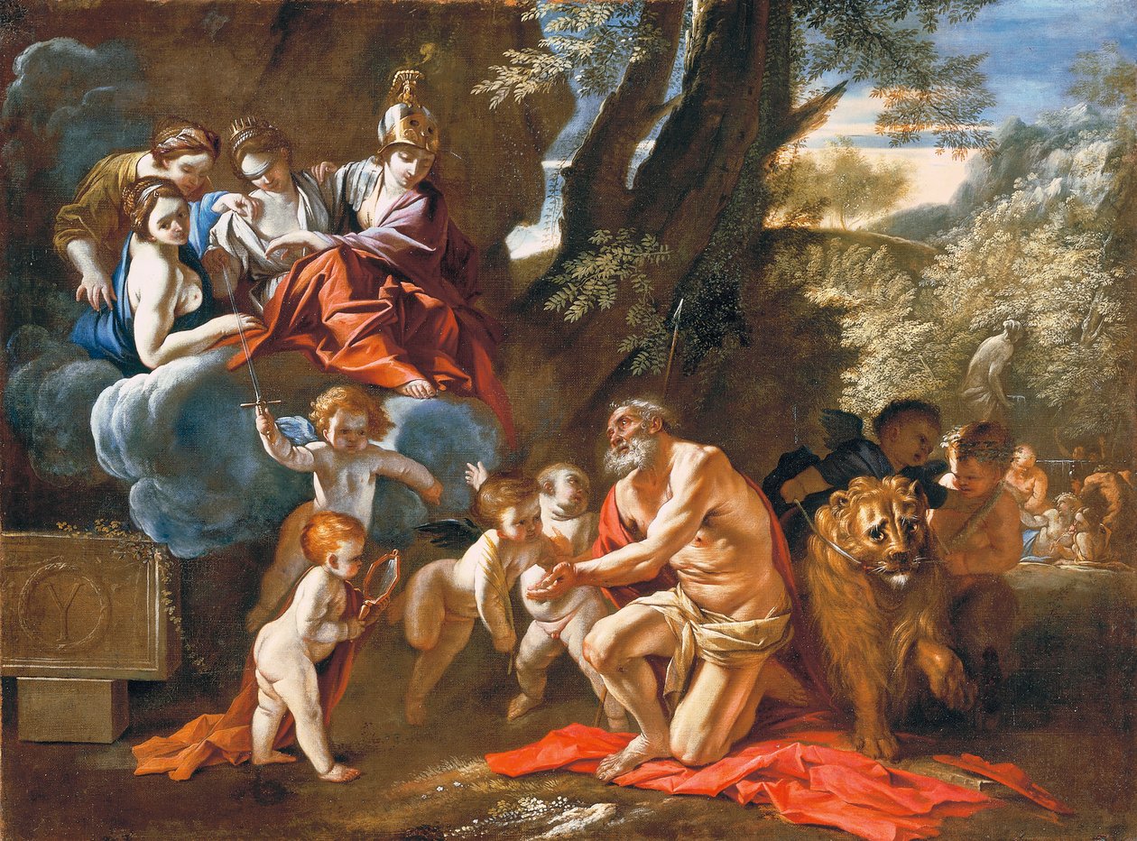De fire kardinaldyder viser sig for den hellige Hieronymus af Pietro Testa