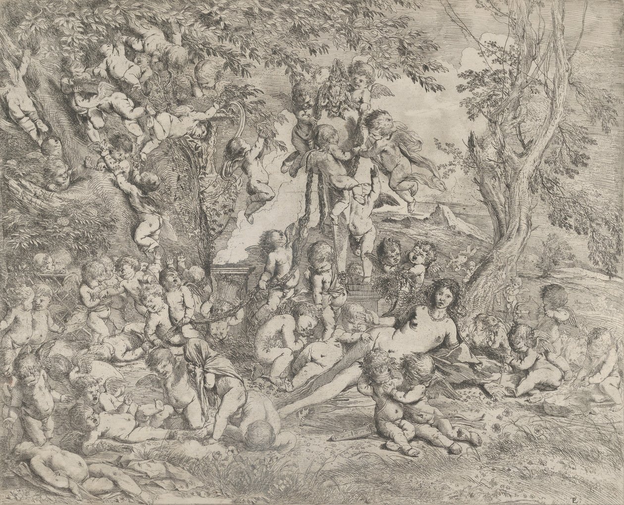 Venus Have, der hviler i midten foran en herm af Pan og omgivet ..., ca. 1631-37. af Pietro Testa