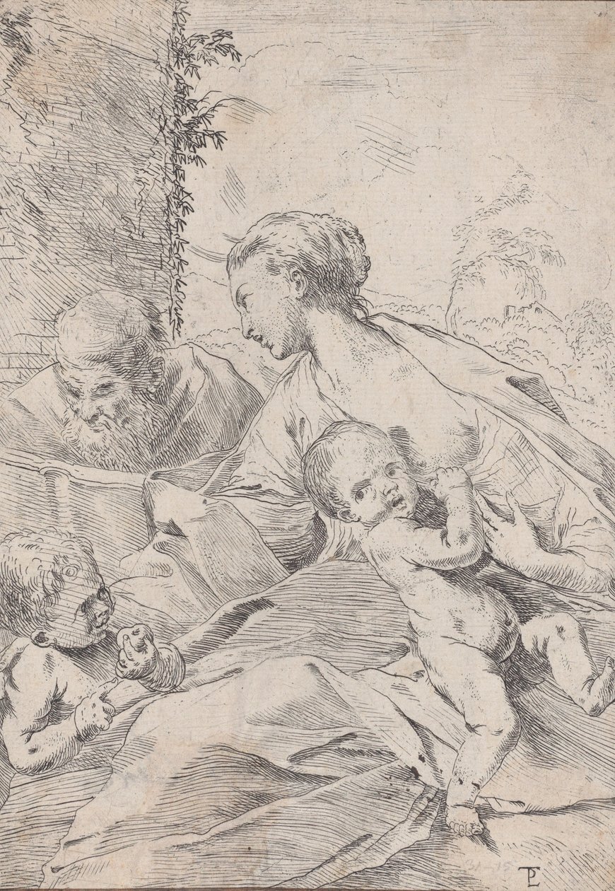 Den hellige familie med spædbarnet Saint John, der holder et æble, ca. 1630. af Pietro Testa