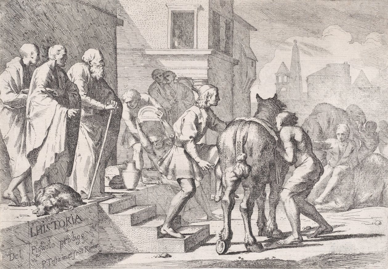 Den fortabte søns afgang, vist ved at stige på en hest, fra en serie på fire..., ca. 1645. af Pietro Testa