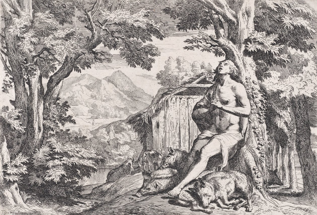 Den fortabte søn blandt svinene, fra en serie på fire tryk, ca. 1645. af Pietro Testa