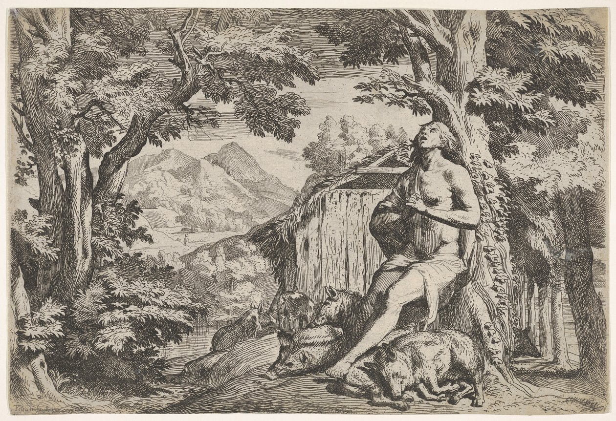 Den fortabte søn sad ved foden af et træ blandt svin, hans blik rettet opad..., ca. 1640-50. af Pietro Testa