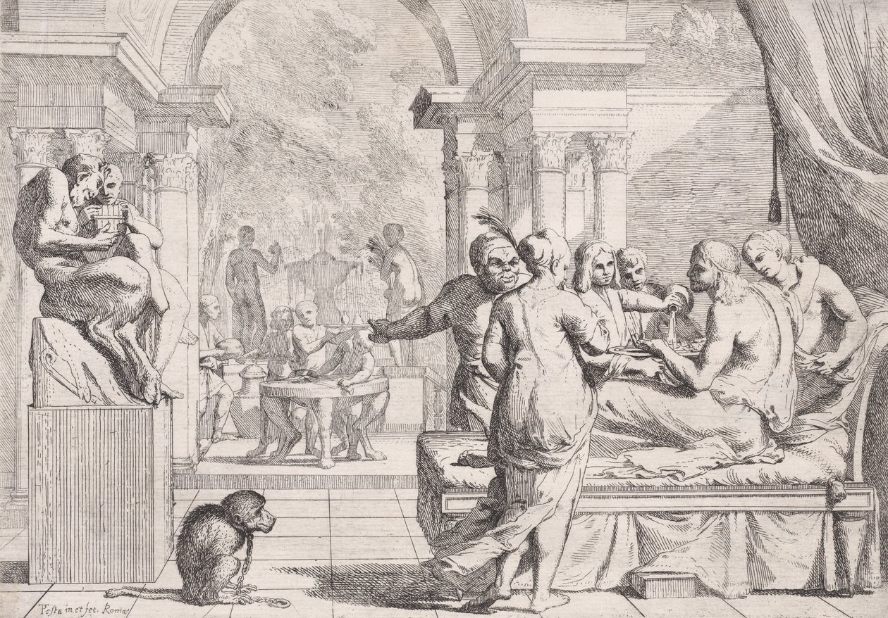 Den fortabte søn sidder på en sofa og får serveret vin, festglade i baggrunden, en ..., ca. 1645. af Pietro Testa