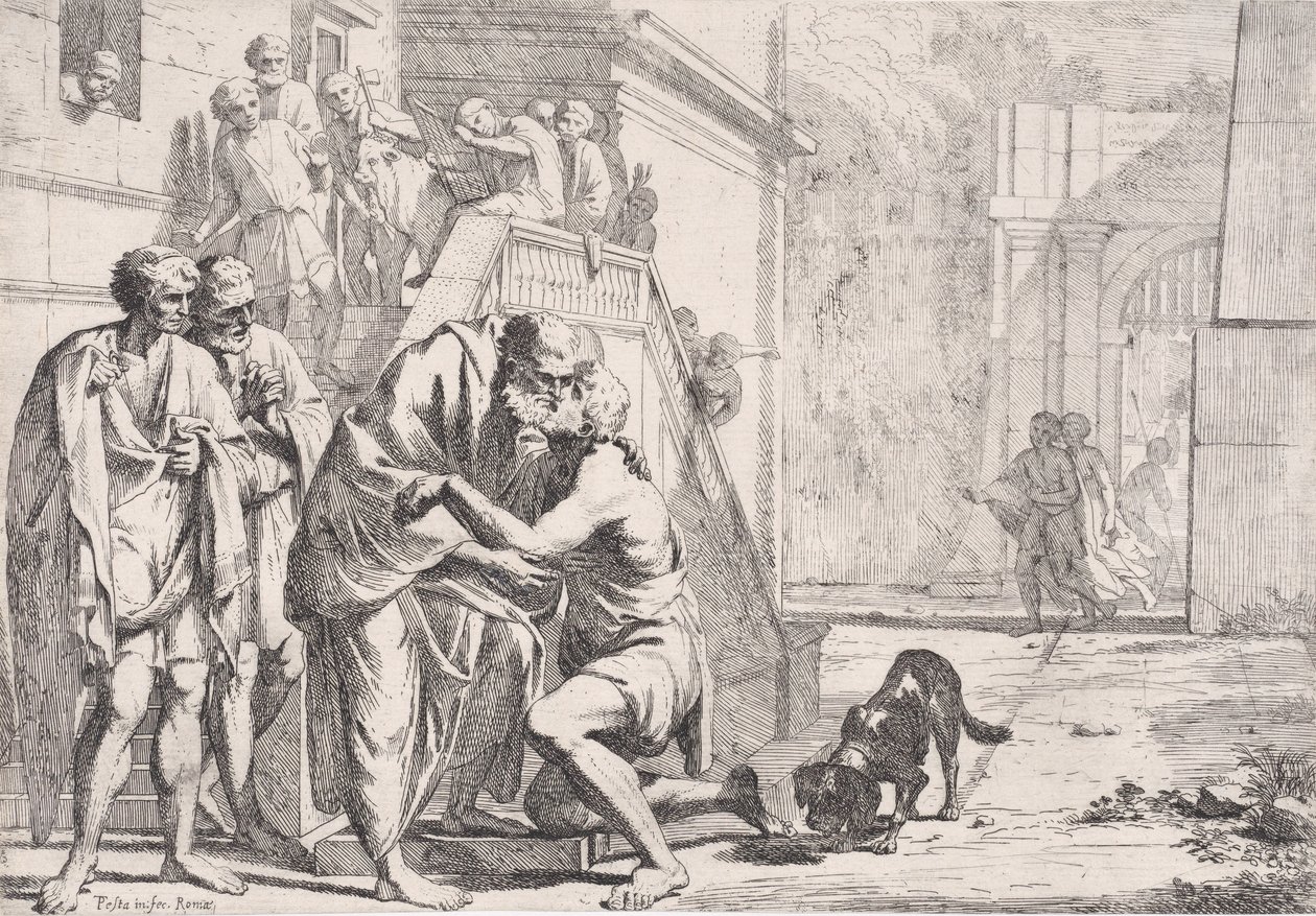 Den fortabte søns tilbagevenden, faderen, der omfavner sin søn, fra en serie,..., ca. 1645. af Pietro Testa