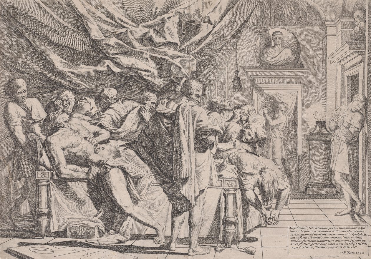 Filosoffen Catos selvmord, der ligger på sin seng og trækker indvoldene ud, så i..., 1648. af Pietro Testa