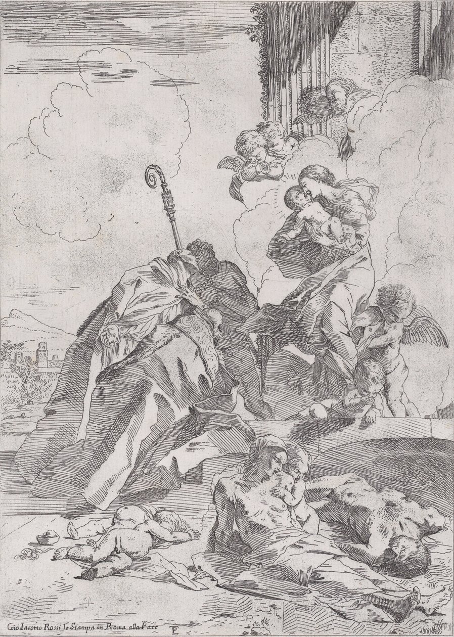 Tre lucchese helgener Sts Nicholas Tolentino, Nicholas af Bari går i forbøn med..., ca. 1630-31. af Pietro Testa