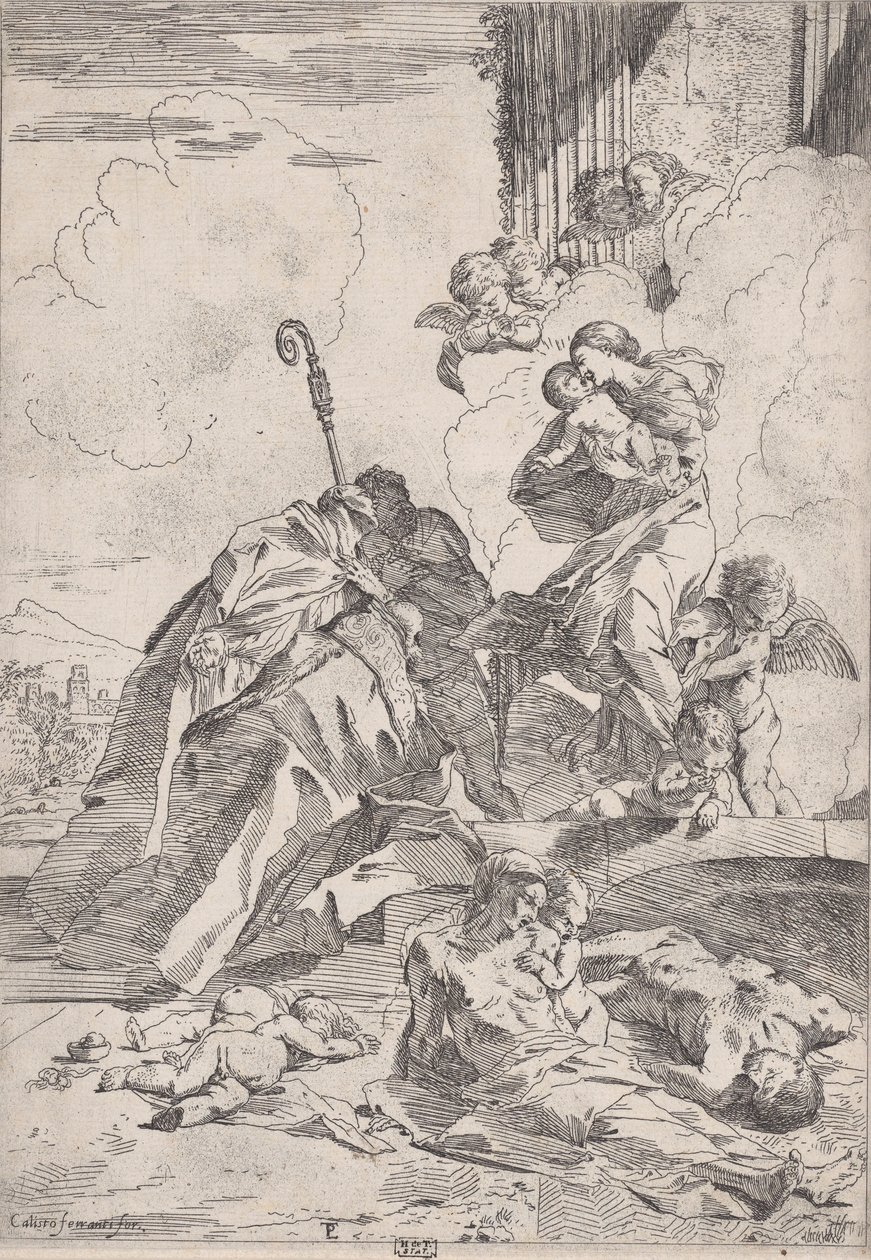 Tre Lucchese-helgener, der går i forbøn hos Jomfruen for pestens ofre...., ca. 1630-31. af Pietro Testa