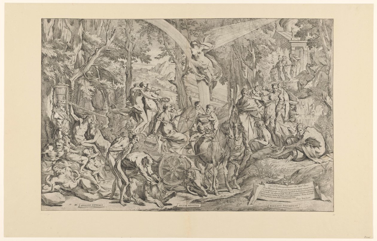 Triomf van de schilderkunst op de Parnassus Udtrykker hengivenhed/ tjener en bue/ triumferer over Parnassus (titel på objekt) af Pietro Testa