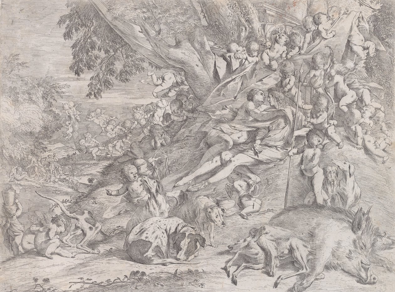 Venus og Adonis, omgivet af mange putti, tilbagelænet efter jagten, med en død orne ..., 1631-37. af Pietro Testa