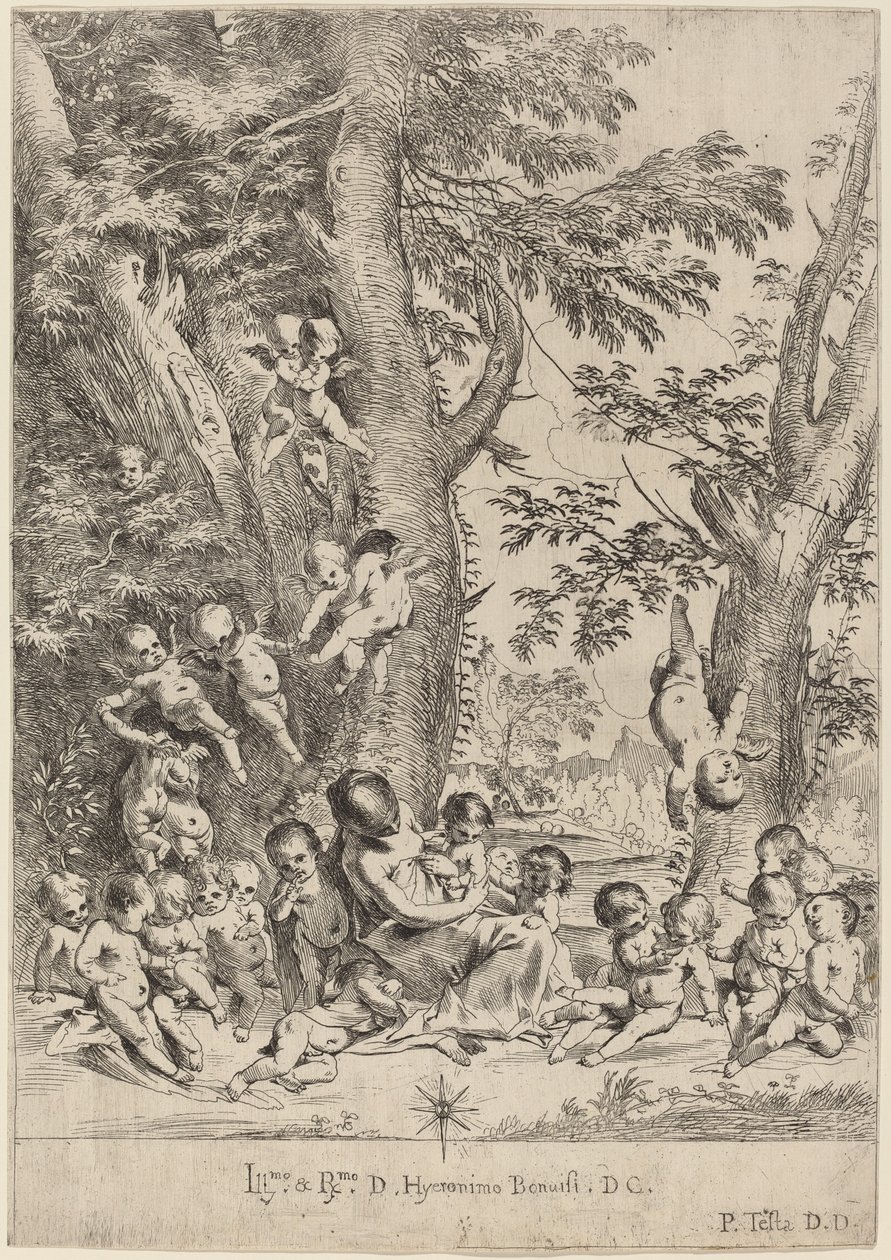 Ung kvinde, omgivet af amoriner (The Garden of Charity, lodret version) af Pietro Testa