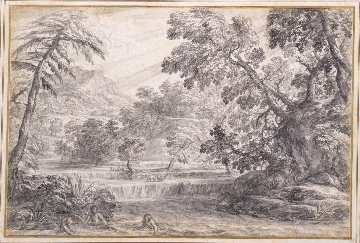 A Wooded River Landscape, ca. 1650 (sort kridt, pensel og gråt blæk med grå vask på papir) af Pietro da Cortona