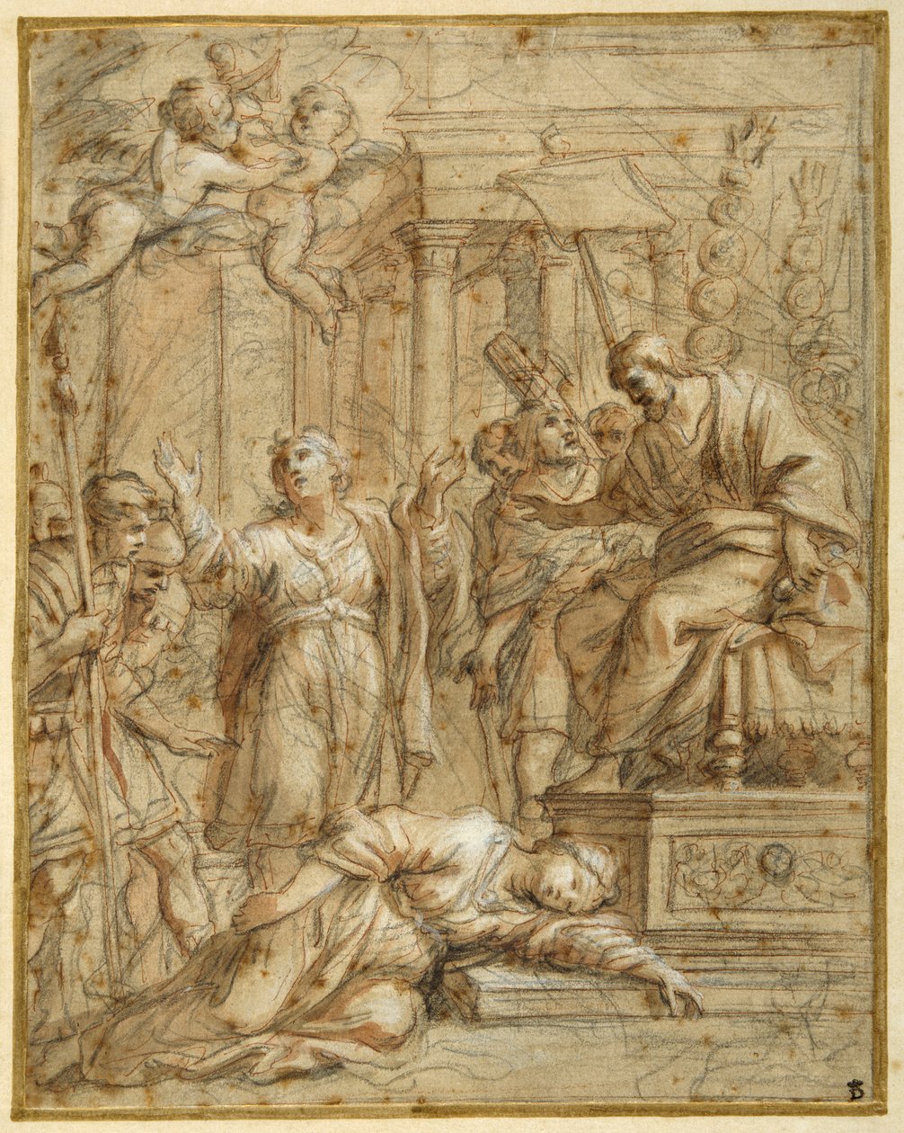 St. Bibiana ligger martyrdøden foran præfekten Apronianus (sort kridt med pen og blæk og vask på papir) af Pietro da (1596 1669) Cortona