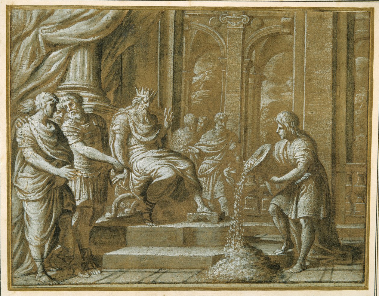 En ældre konge, tronet med ledsagere i arkitektoniske omgivelser, og en ung, der hælder fra en vase til deres forbløffelse (pen og blæk med kridt, vask og gouache på papir) af Pietro da Cortona