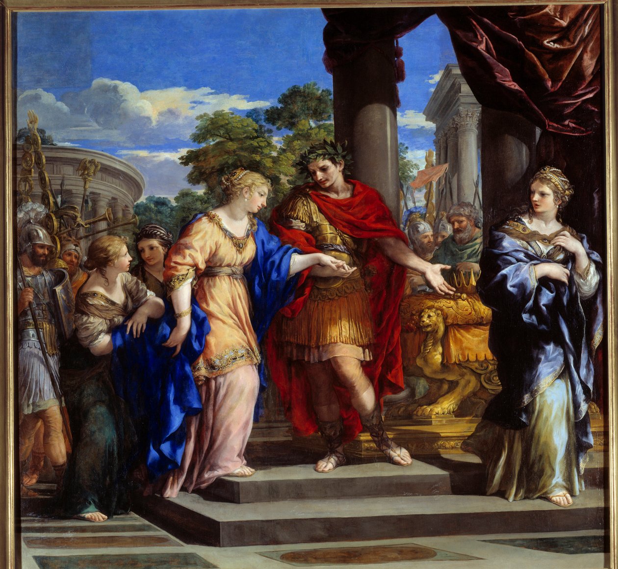 Cesar sætter Cleopatre tilbage på Egyptens trone Jules Cesar giver Ægyptens trone til Cleopatra, som han blev forelsket i efter at have besejret farao Ptolemæus XIII i 47 f.Kr. Maleri af Stone of Cortona (Pietro Berrettini dit Pietro da Cortona (1596-1669) af Pietro da Cortona