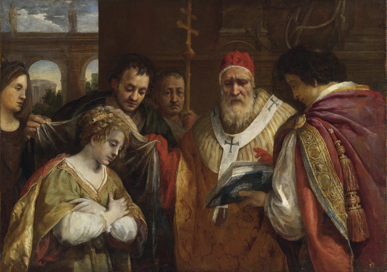 Flavia Domitilla (død efter 95) modtog sløret fra pave Clemens I - Sankt Domitilla modtog sløret fra pave Clemens I af Cortona, Pietro da (1596-1669). Olie på lærred, størrelse: 123x172,7, , Privat Samling af Pietro da Cortona