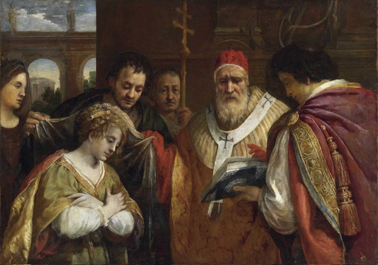 Flavia Domitilla eller Sankt Domitilla (død efter 95) modtager sløret fra Pave Clemens I (Sankt Clemens af Rom, død omkring 99) - Sankt Domitilla modtager sløret fra Pave Klemens I - Cortona, Pietro da (1596-1669) - Olie på lærred - 123x172,7 - Privat af Pietro da Cortona
