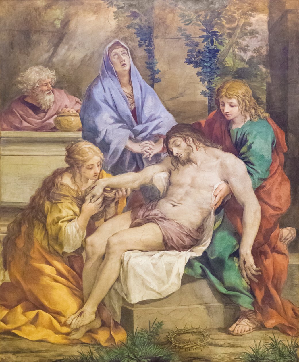Pieta med Madonnaen, Johannes Døberen, Maria Magdalena og Nikodemus (fresko) af Pietro da (1596 1669) Cortona