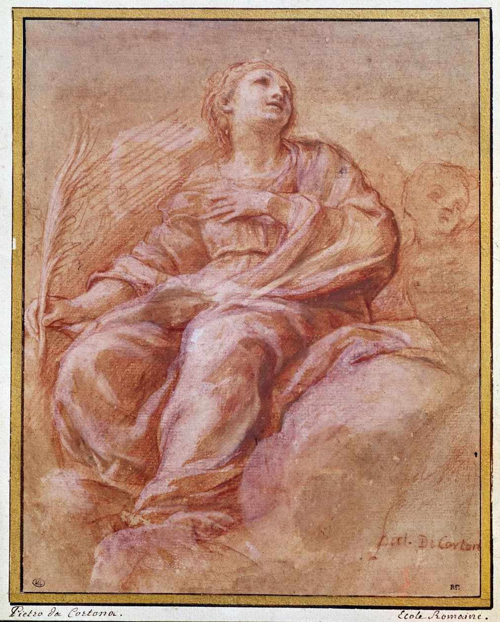 Repræsentation af Saint Firmine, der sidder på skyerne. Blyantstegning af Pietro Berrettini kendt som Pierre de Cortona eller Pietro da Cortona (1596-1669). 1647. Dim. 0,26x0,22 m. Paris, Louvre-museet, tegnefirma af Pietro da Cortona