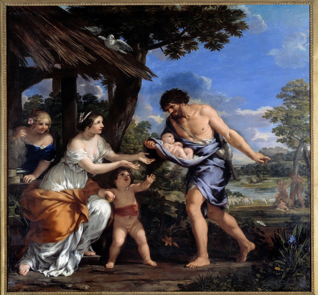 Romulus og Remus samlet af Faustulus og hans kone Acca Laurentia Maleri af Pierre de Cortona (Pietro Berrettini dit Pietro da Cortona (1596-1669). 1643 Søn. 2,51x2,65 m. af Pietro da Cortona