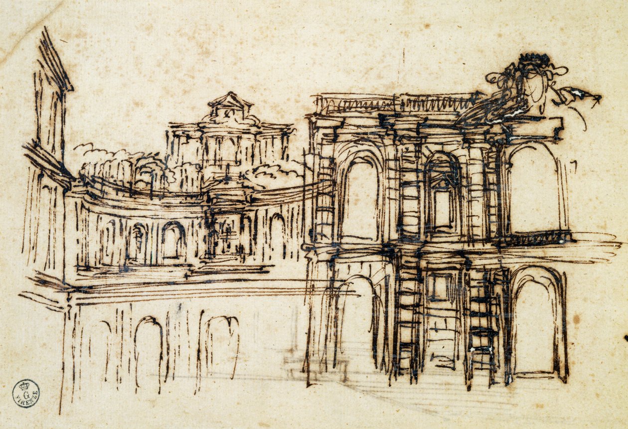 Studie til teater i Palazzo Pitti i Firenze, af Pietro Berrettini kendt som Pietro da Cortona (1596-1669), Italien af Pietro da Cortona