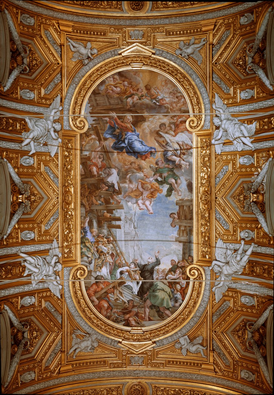 Jomfruen viser sig for den hellige Philip Neri (Filippo Neri) under opførelsen af kirken Udsigt over fresker af hvælvingen af Peter af Cortona (Pietro da Cortona) (1596-1669) (Miracle of the Madonna della Vallicella af Pietro da Cortona, loft fresco af Pietro da Cortona