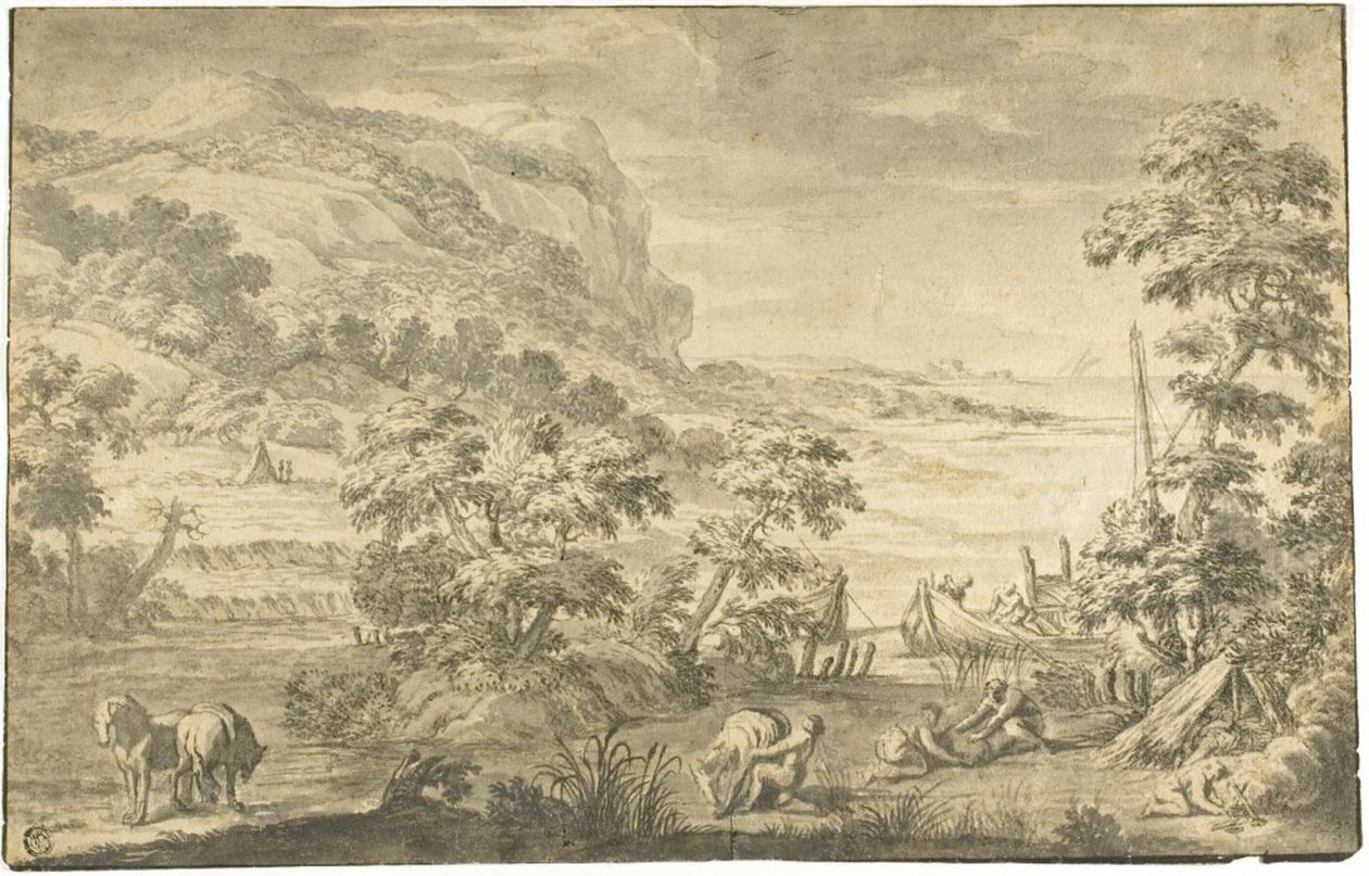Italiensk kystscene med fiskere, lejrplads (recto); Flodmunding (verso) af Pietro da Cortona