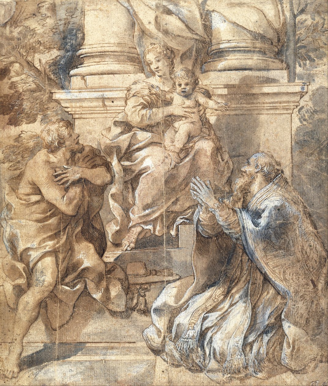 Madonna og barn, Sankt Johannes Døberen og pave Stephen af Pietro da Cortona