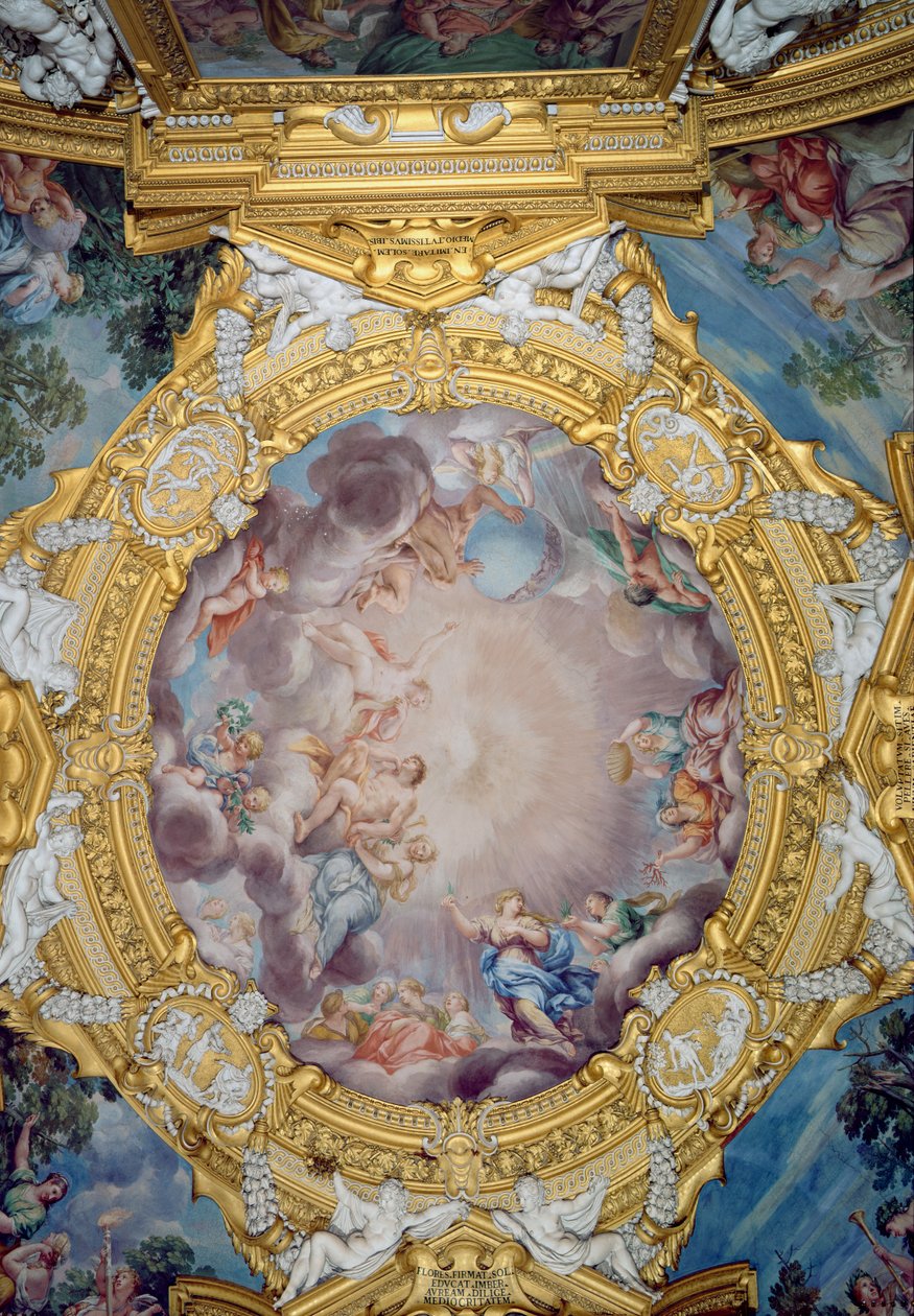 Sala di Apollo Hall of Apollo detalje af loftsdekoration, der viser Cosimo I deMedici 1519-74, der præsenteres for Apollo, ca. 1647 fresco af Pietro da Cortona