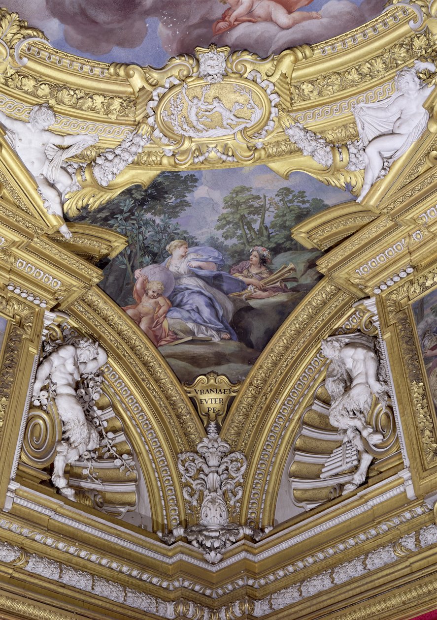 Sala di Apollo Hall of Apollo detalje af pendentiv, der forestiller muserne Urania og Euterpe, ca. 1647 fresco af Pietro da Cortona