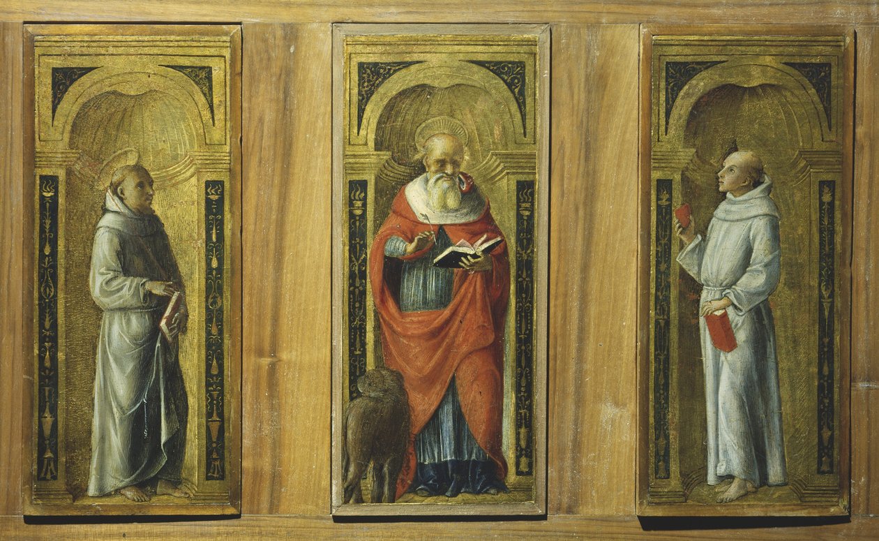 Tre paneler - Sankt Frans, Sankt Hieronymus og Sankt Antonius af Padua, ca. 1480 (tempera på panel) af Pietro di Francesco degli (circle of) Orioli