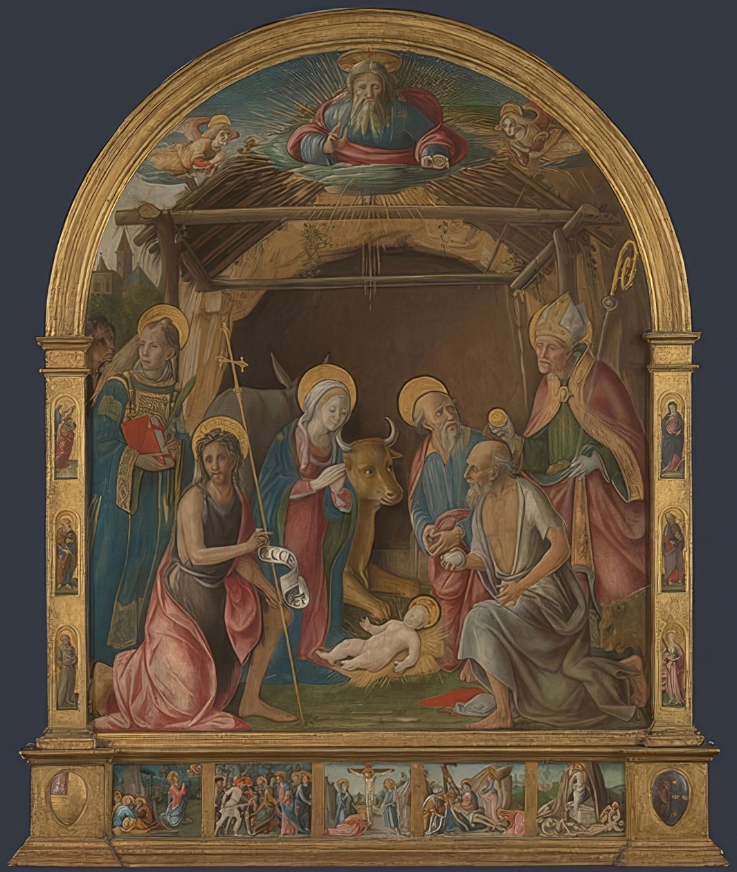 Fødsel med helgener. Sandsynligvis omkring 1485-95 af Pietro di Francesco degli Orioli
