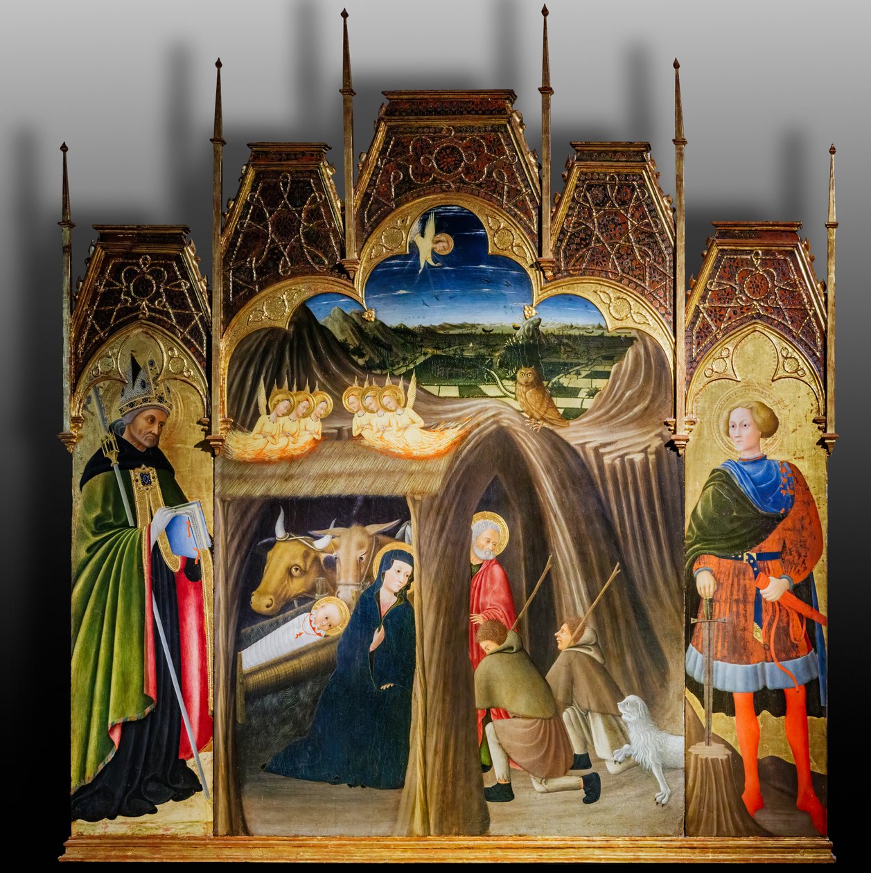 Hyrdernes tilbedelse mellem de hellige Galgano og Augustin, første halvdel af det 15. århundrede (tempera på panel) af Pietro di Giovanni da Ambrogio