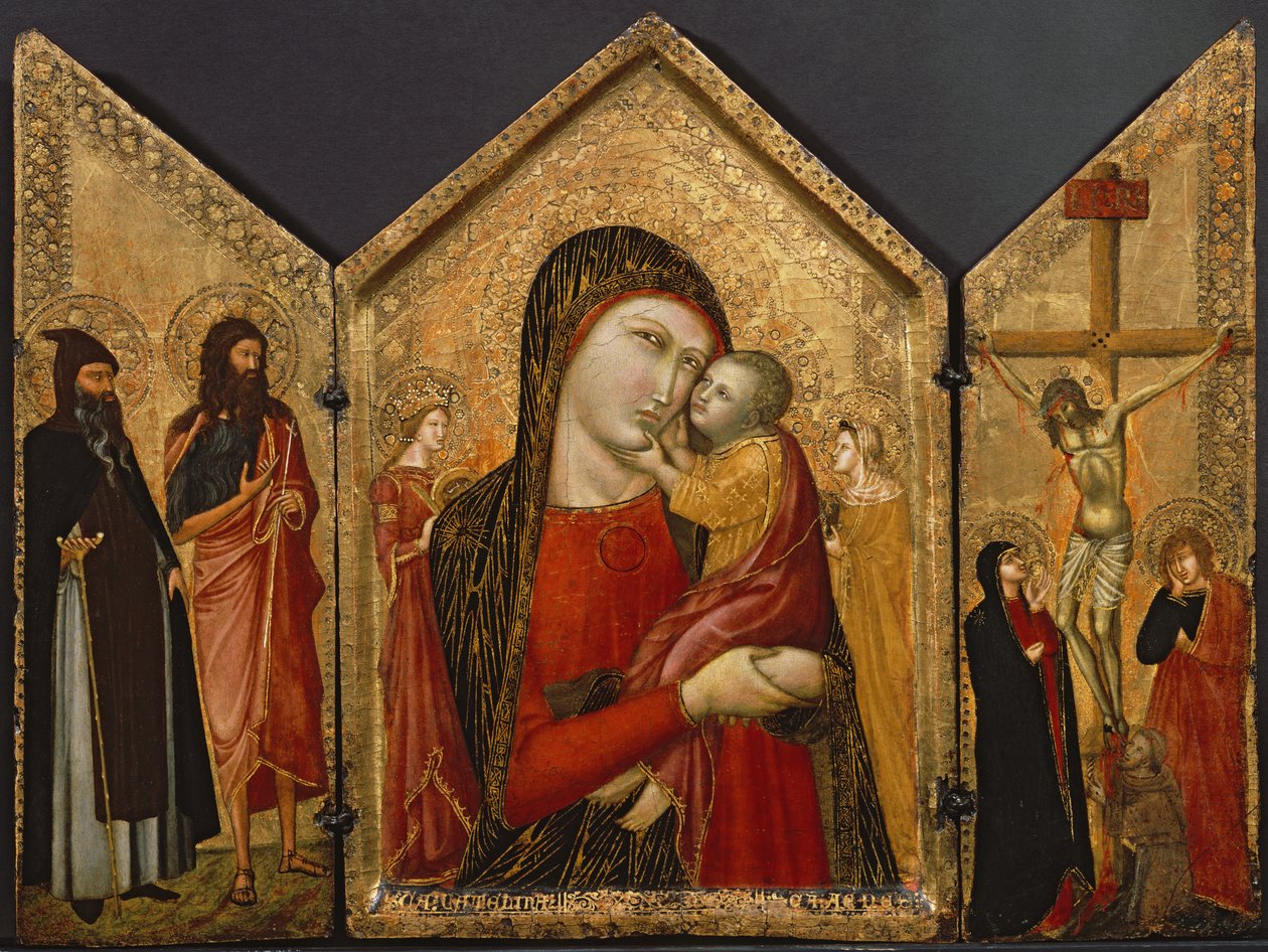 Madonna med barn, korsfæstelsen og helgener, ca. 1340-1370 (tempera og bladguld på panel) af Pietro follower of Lorenzetti