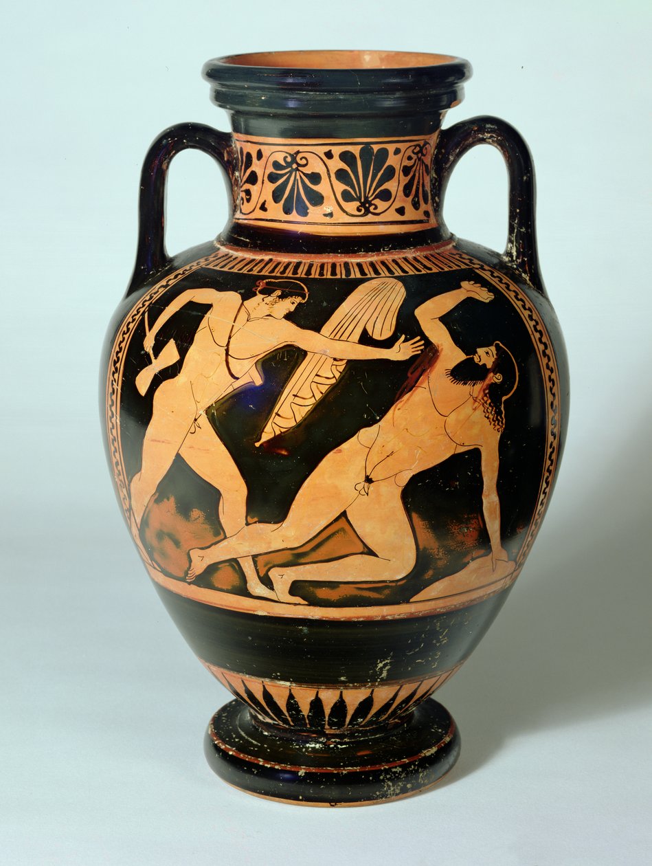 Rød-figur hals-amfora forestillende Theseus About to Kill Procrustes, 480-470 f.Kr. (ler) af Pig Painter