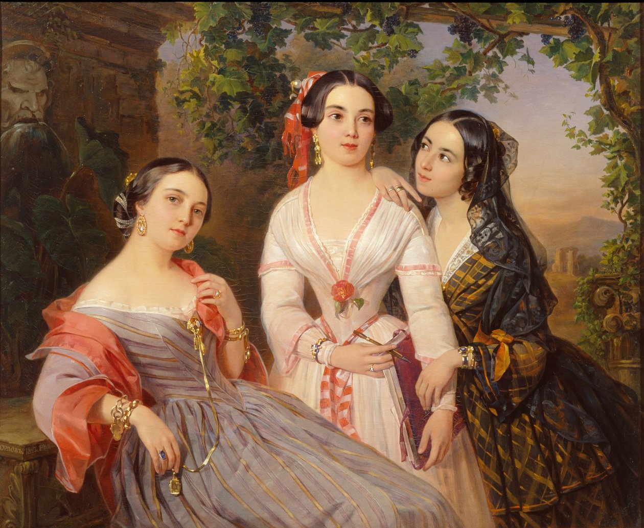 Portræt af søstrene grever Elizabeth Salis De Tournemire, Sofia Sukhovo-Kobalina og Eudokia Petrovo-Solovo, 1847 af Pimen Nikitich Orlov