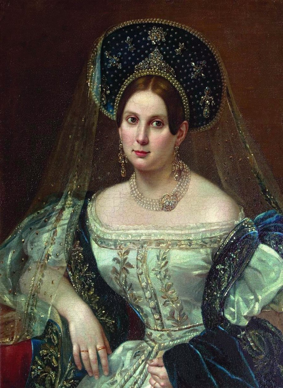 Portræt af en kvinde i den russiske hofkjole, ca 1835 af Pimen Nikitich Orlov