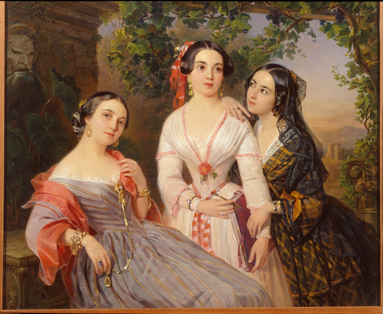 Portraits des soeurs la comtesse Elisabeth Salias de Tournemire (1815-1892), Sophia Soukhovo Kobylina (Soukhovo-Kobylina) (1825-1867) og Eudokia Petrovo Solovovo - Peinture de Pimen Nikitich Orlov (1812-1863), af Pimen Nikitich Orlov