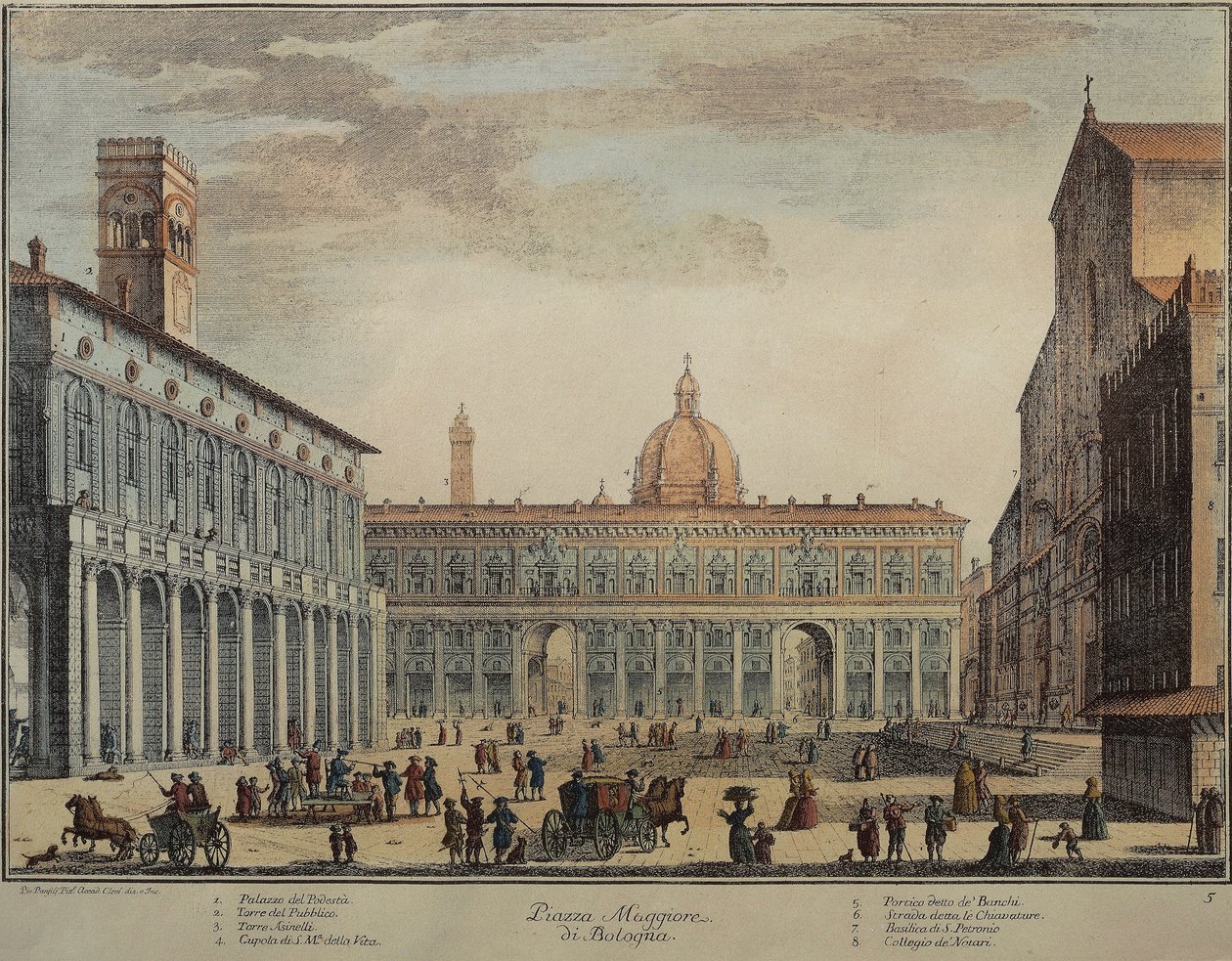 Italien, Bologna, Piazza Maggiore eller Piazza Grande, af Pio Panfili, gravering af Pio Panfili