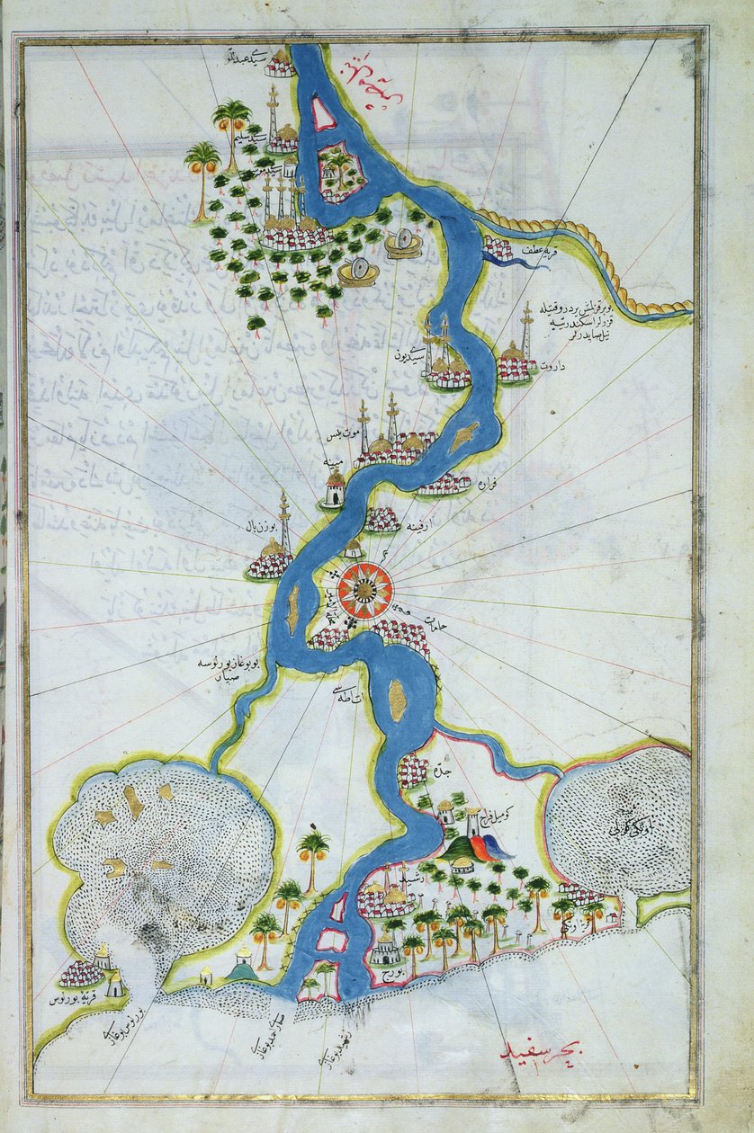 MS W.658 fol.304v Kort over Nilen fra Kitab-I Bahriye (tempera, guld og blæk på papir) af Piri Reis