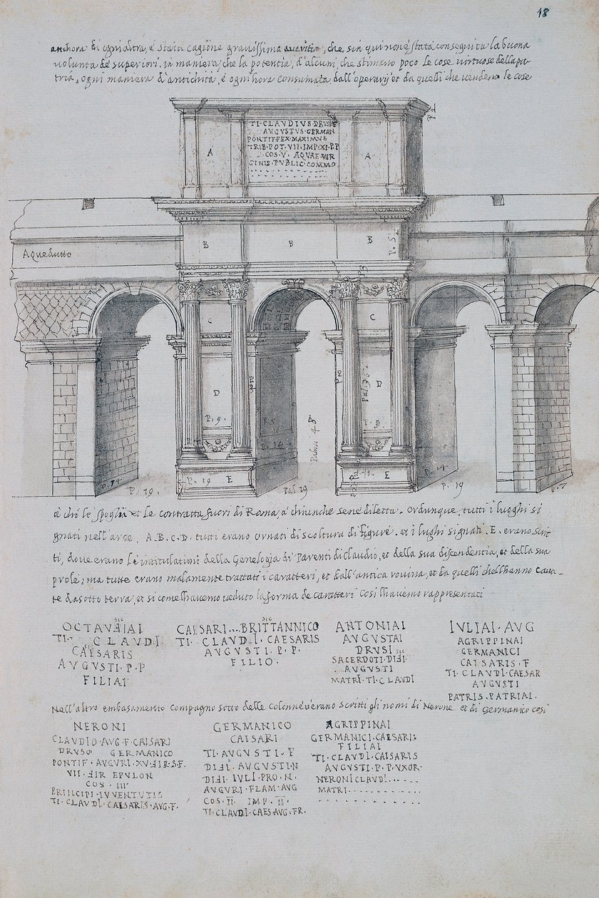 Claudiusbuen i Rom, tegning, fra romerske antikviteter, af Pirro Ligorio (1513-1583) af Pirro Ligorio