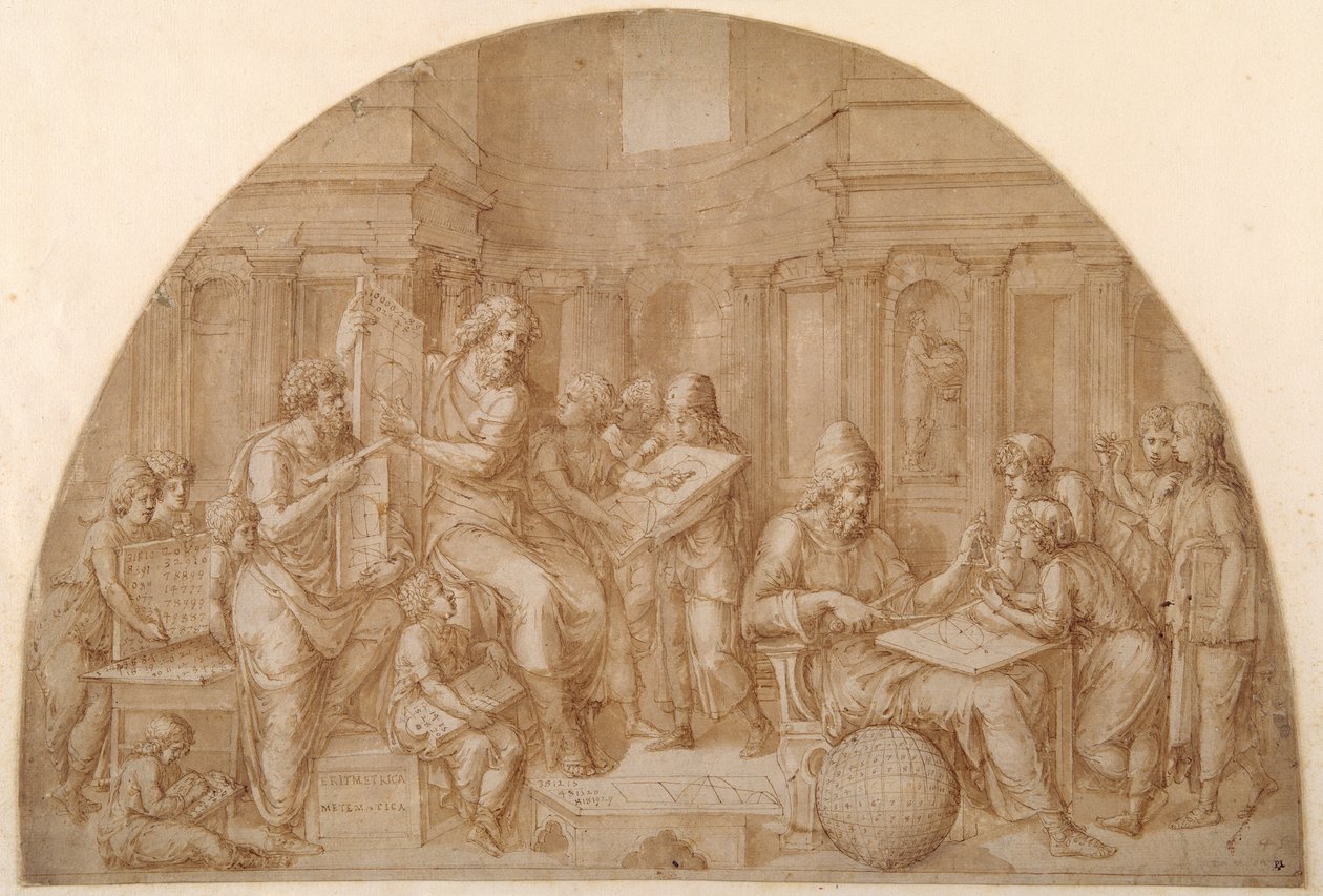 Design til en lunette med figurer af matematikere og deres elever (pen og brunt blæk med brun vask på papir) af Pirro Ligorio