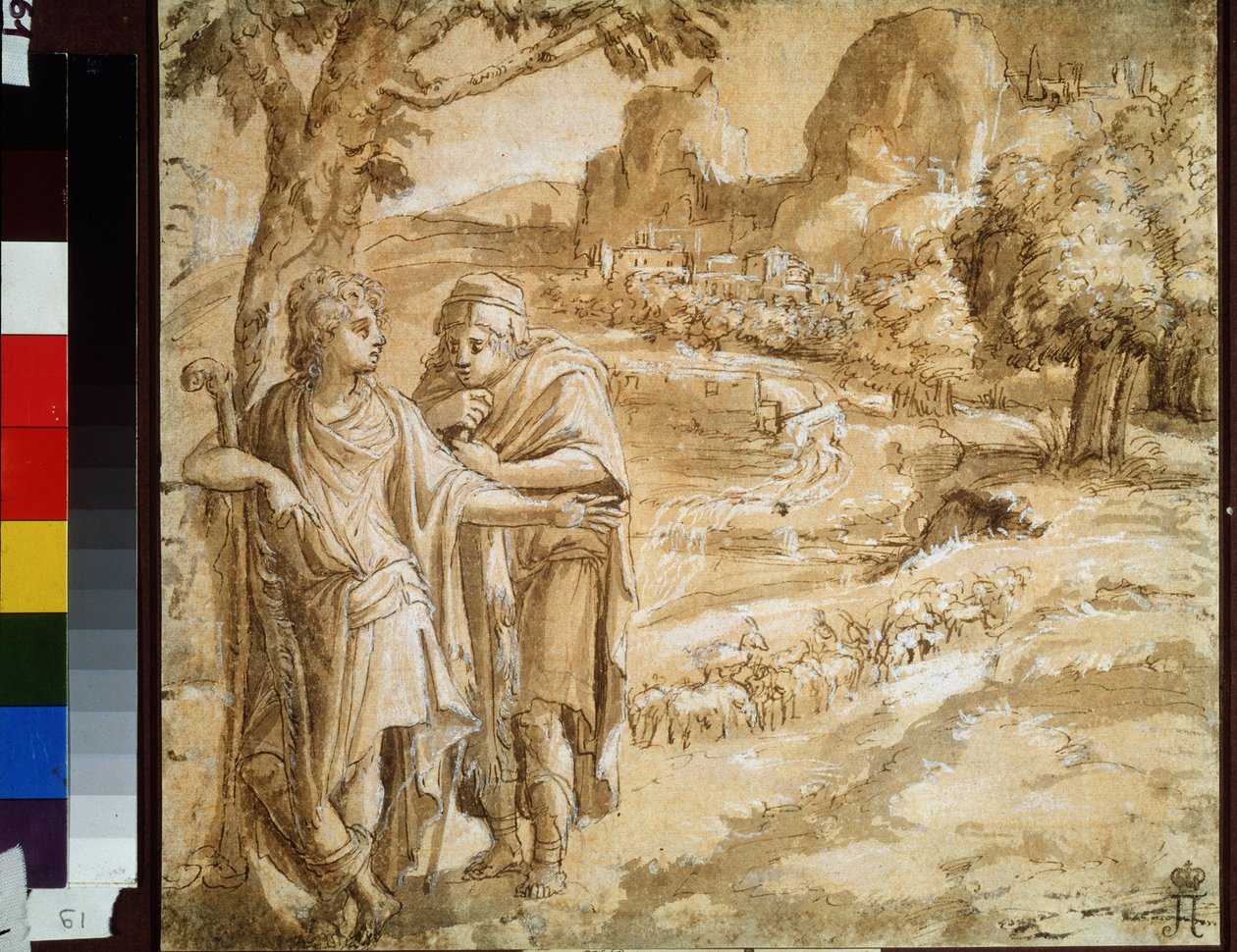 "Hyrde og pilgrim i et landskab" (Shyrde og pilgrim i et landskab) Akvarel og blæk af Pirro Ligorio (1510-1583) Cirka 1550 Pushkin Museum, Moskva af Pirro Ligorio