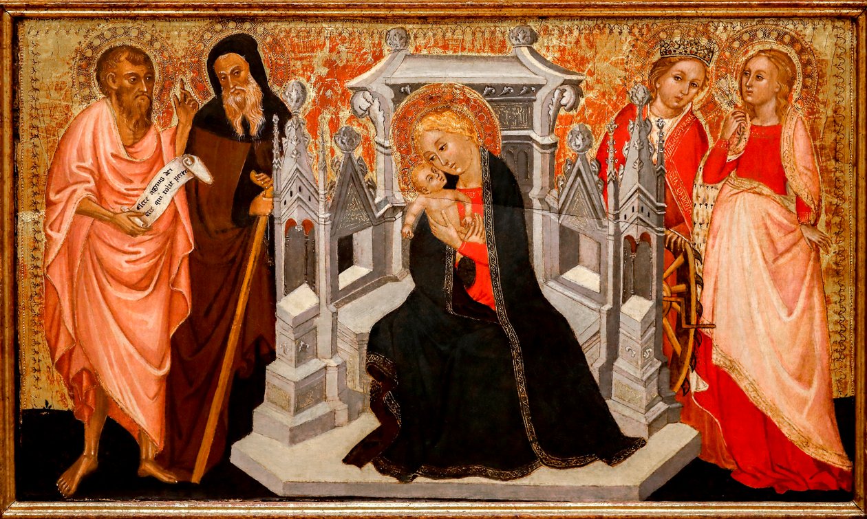 Madonna og barn med hellige. 15. århundrede (Tempera på træ) af Pittore Marchigiano