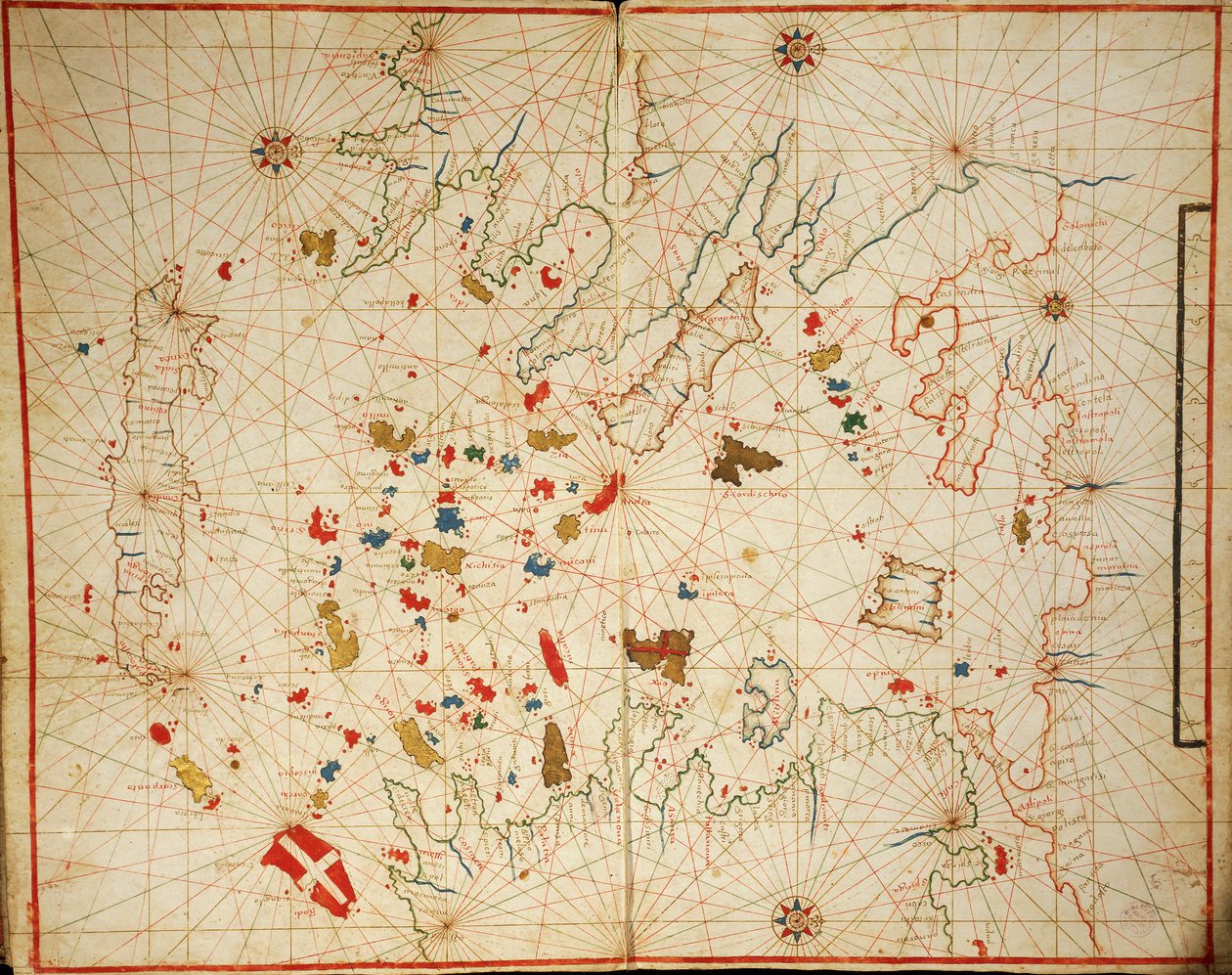 Det Ægæiske Hav, fra portolan-atlas bestående af seks søkort, af Placido Caloiro og Francesco Oliva, Parchment. 1646. af Placido Caloiro e Oliva