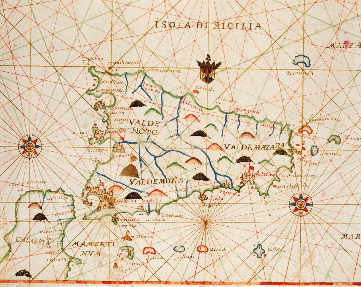Sicilien fra portolan atlas bestående af seks søkort, af Placido Caloiro og Francesco Oliva, Parchment. 1646. af Placido Caloiro e Oliva