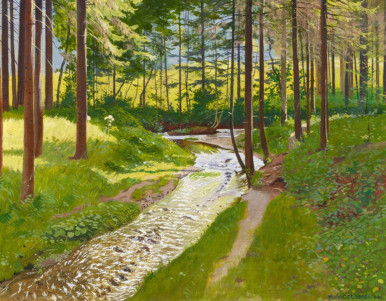 Sommerskov med et vandløb af Plinio Colombi