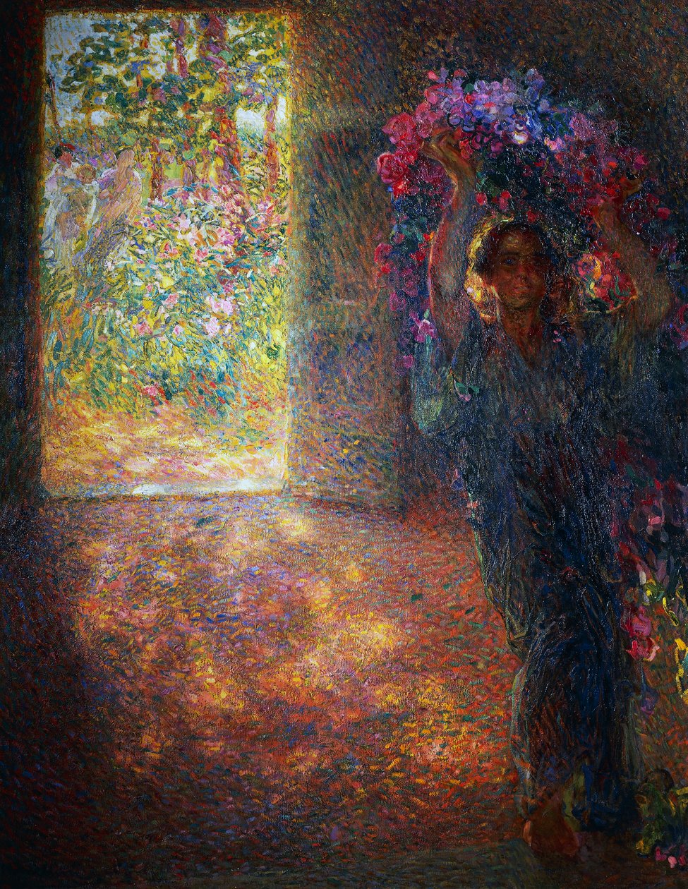 Blomsterhus, ca 1910, af Plinio Nomellini (1866-1943), olie på lærred, 200x160 cm, Italien, 20. århundrede af Plinio Nomellini