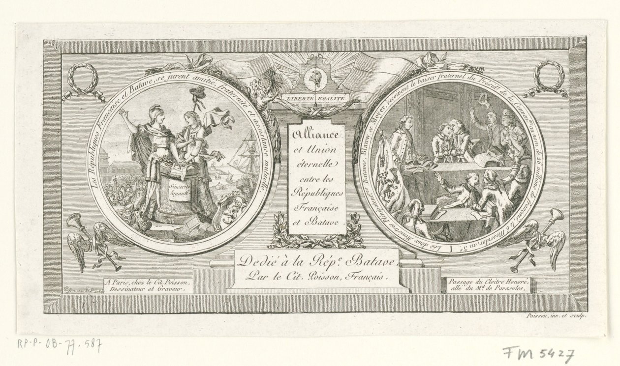 Medaillon op de Alliantie tussen de Franse en de Bataafse Republieken, 1795 Alliance og evig union mellem de franske og bataviske republikker (titel på objekt) af Poisson