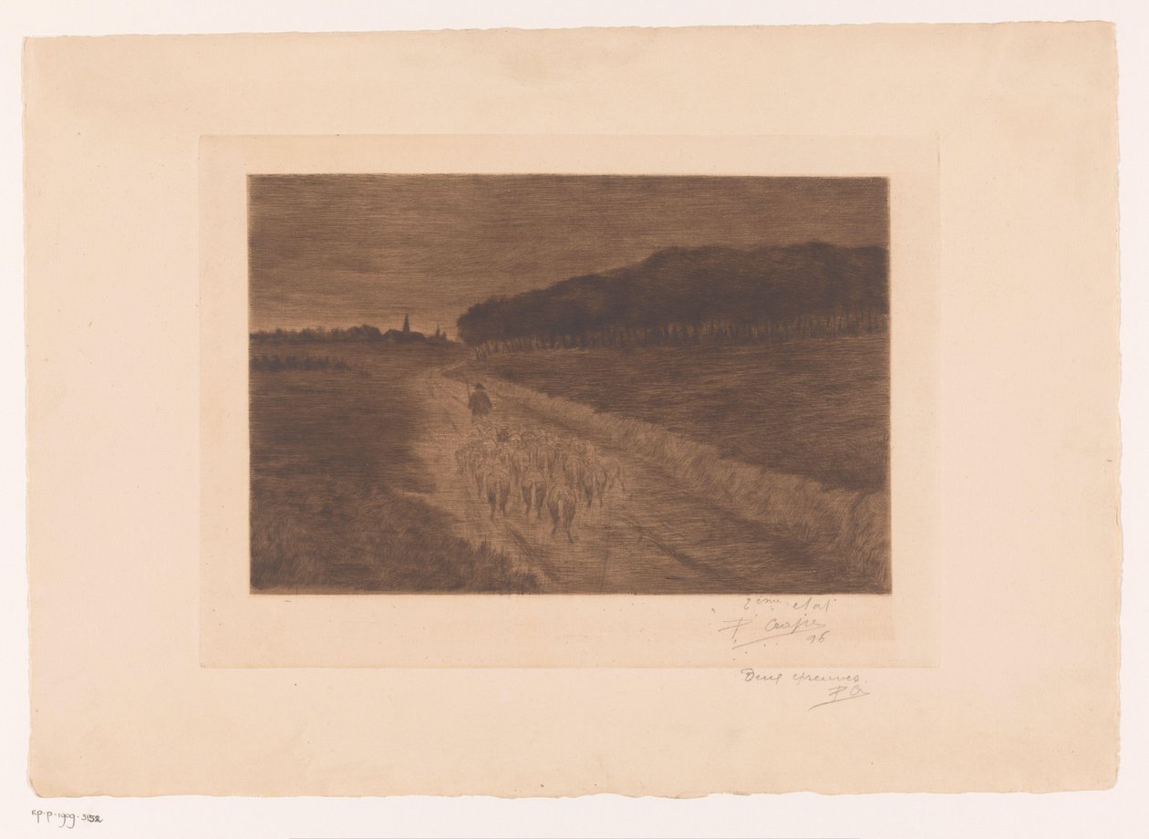 Fårebesætning med hyrde på hedevej af Pol Craps (signed by artist)